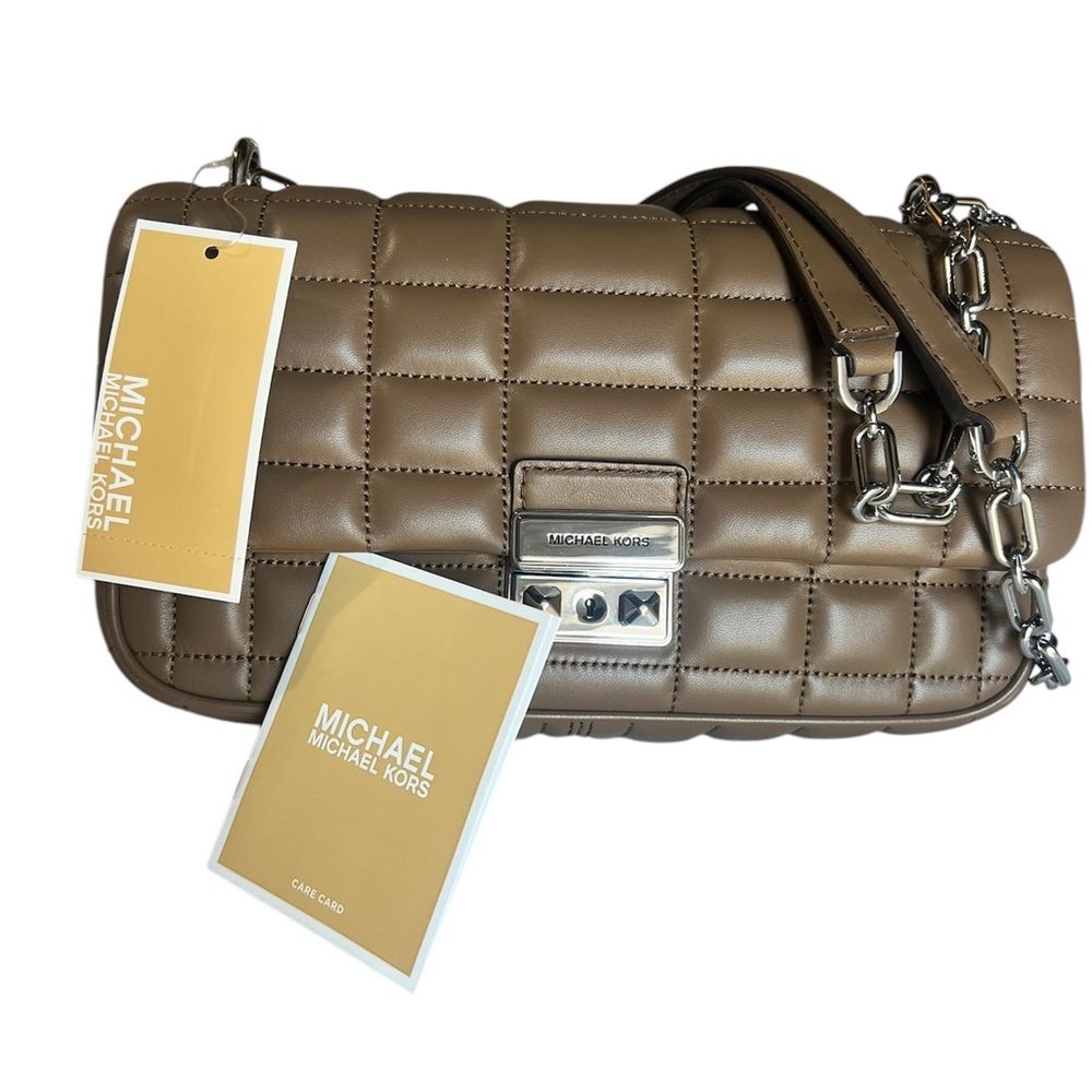 Michael Kors Tribeca Large Convertible Chain Shoulder Bag in Driftwood (nude).